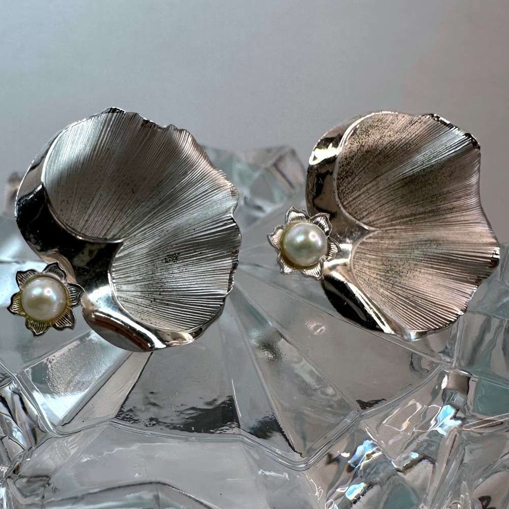 Womens Earrings OS Sterling Silver Ginkgo Leaf Pearl Vintage Botanical 925 Petal